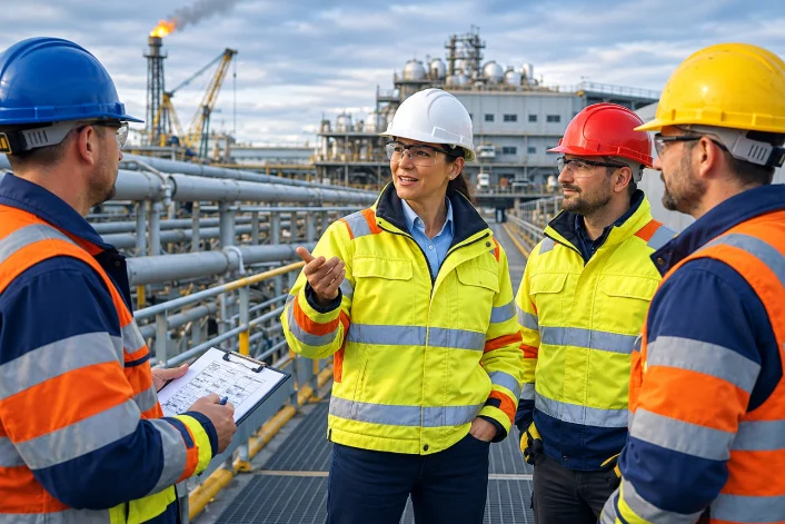 Industrial team briefing on plant walkway